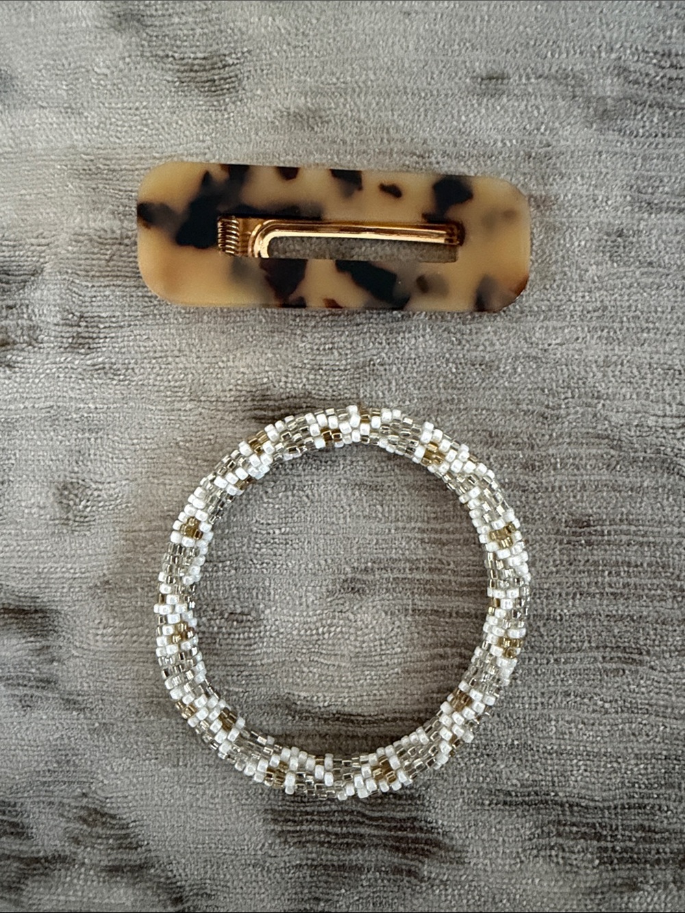 Beaded Stretch Bracelet with Gold & White Seed Beads + Anthropologie Clip